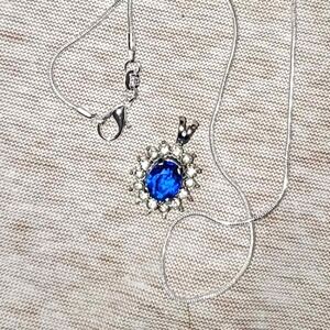 Sapphire Blue & Diamond Like Crystal Pendant on 18" New 925 Silver Snake Chain